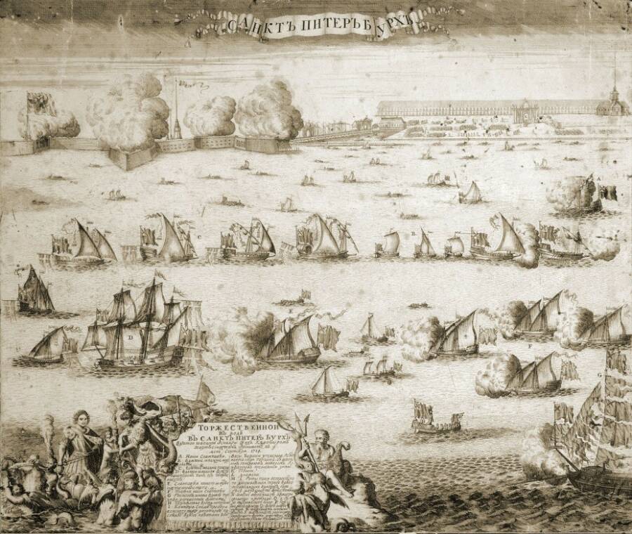 Первый военно-морской парад в России: вход 9 сентября 1714 года в Неву русских и трофейных шведских кораблей, захваченных в сражении у мыса Гангут. Гравюра XVIII в. работы Девитта Хендрика по рисунку Питера Пикарда, оттиск XIX в.