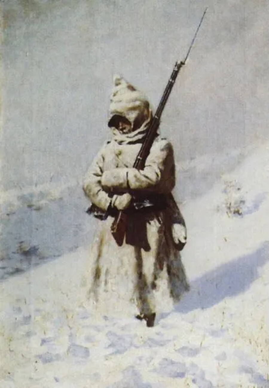 Часовой русской армии в башлыке, Русско-турецкая война 1877-78 годов. Левая часть триптиха Василия Верещагина «На Шипке все спокойно», 1878 год