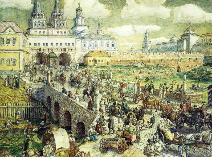 Москва в XVIII веке. Воскресенский мост. Художник А. Васнецов
