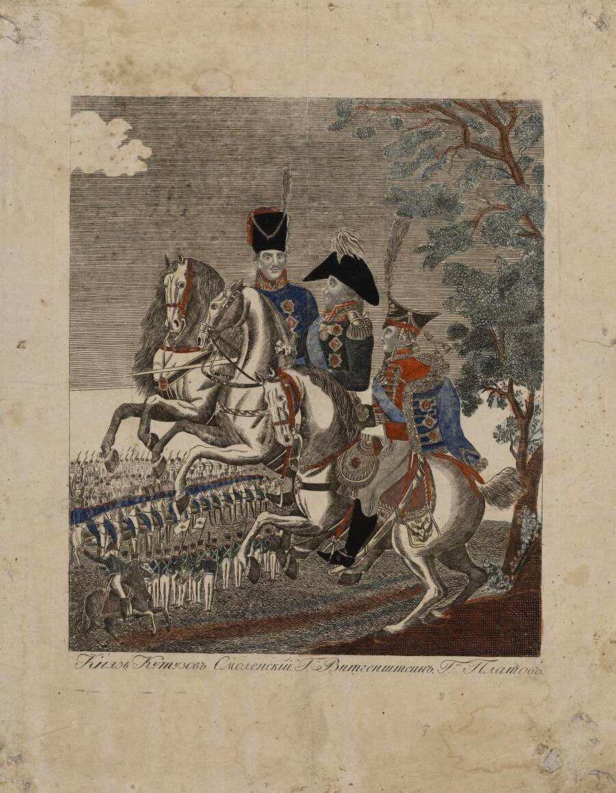 Портреты трех самых популярных героев Отечественной войны 1812 года: князя Голенищева-Кутузова (в центре), генерала от кавалерии Витгенштейна (справа) и атамана Платова (слева). Работа неизвестного гравера первой четверти XIX века