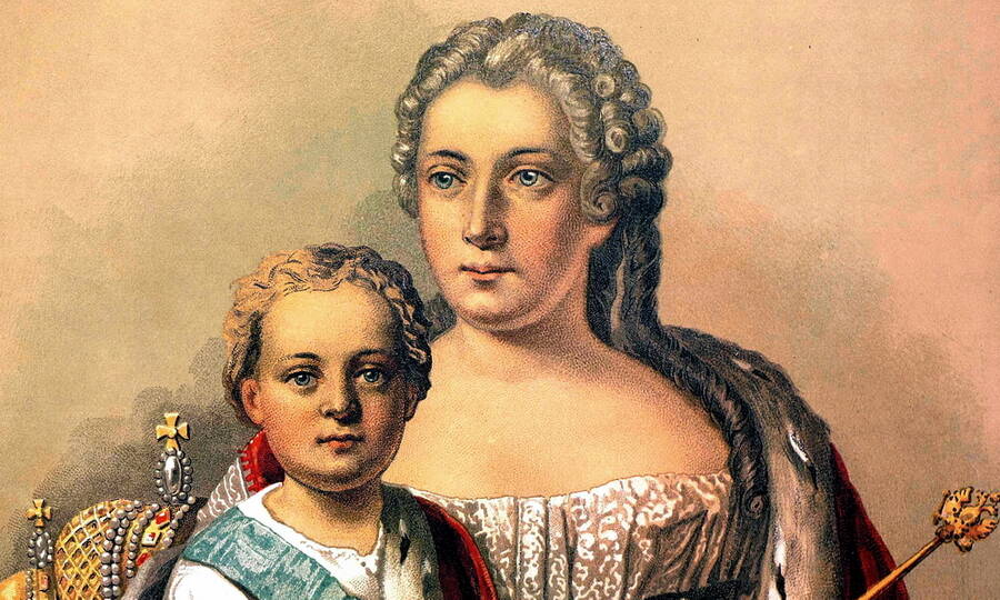  Император Иоанн Антонович и мать его правительница Анна Леопольдовна. Хромолитография из альбома «Российский царственный дом Романовых», 1898 год. 