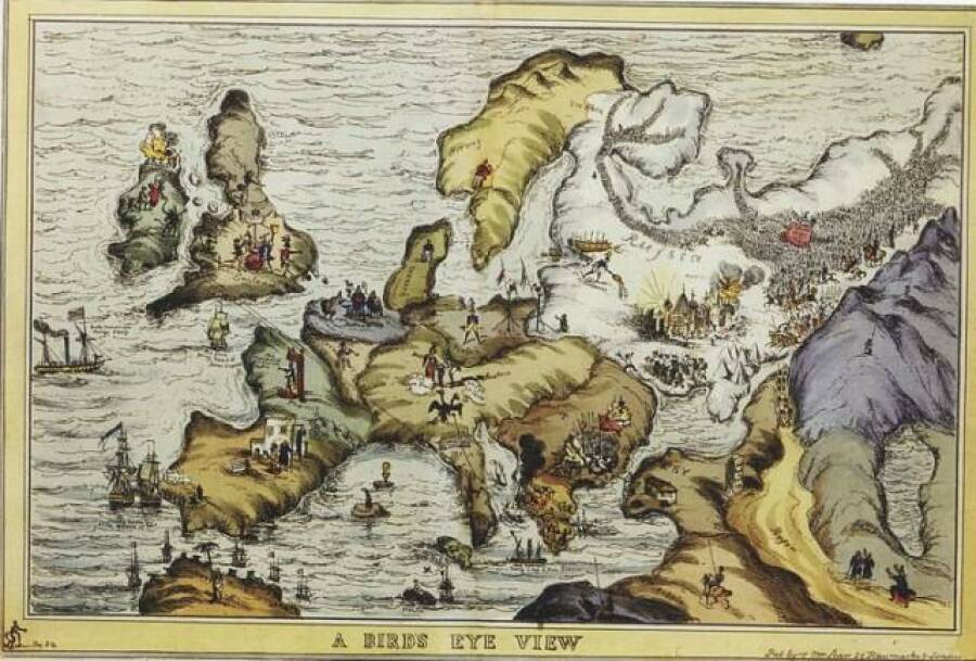 карикатура «Вид с птичьего полёта» времён войны с Османией 1828-1829годов. Россия вся в снегу и заполнена армиями из медведей.