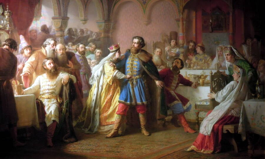  Великая княгиня Софья Витовтовна на свадьбе великого князя Василия Тёмного в 1433 году срывает с князя Василия Косого пояс с драгоценными каменьями, который некогда принадлежал Дмитрию Донскому и которым Юрьевичи завладели неправильно. Художник В.П. Верещагин, 1861 год. 