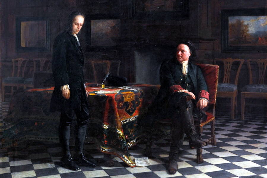  Peter the Great Interrogating the Tsarevich Alexei Petrovich at Peterhof. Artist Nikolai Ge, 1871.