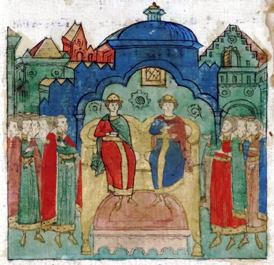 Юрий III Данилович и Иван I Данилович на московском престоле после смерти их отца Даниила Александровича. Миниатюра из рукописи первой половины XVII века.