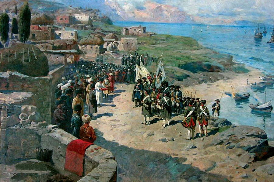Peter I Entering Tarki. Artist Franz Alekseyevich Roubaud, 1893.