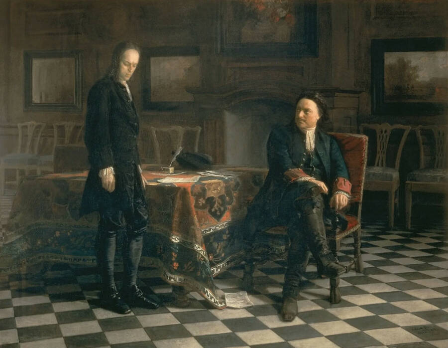 Картина «Пётр I допрашивает царевича Алексея в Петергофе». 1871 год. Государственная Третьяковская галерея.