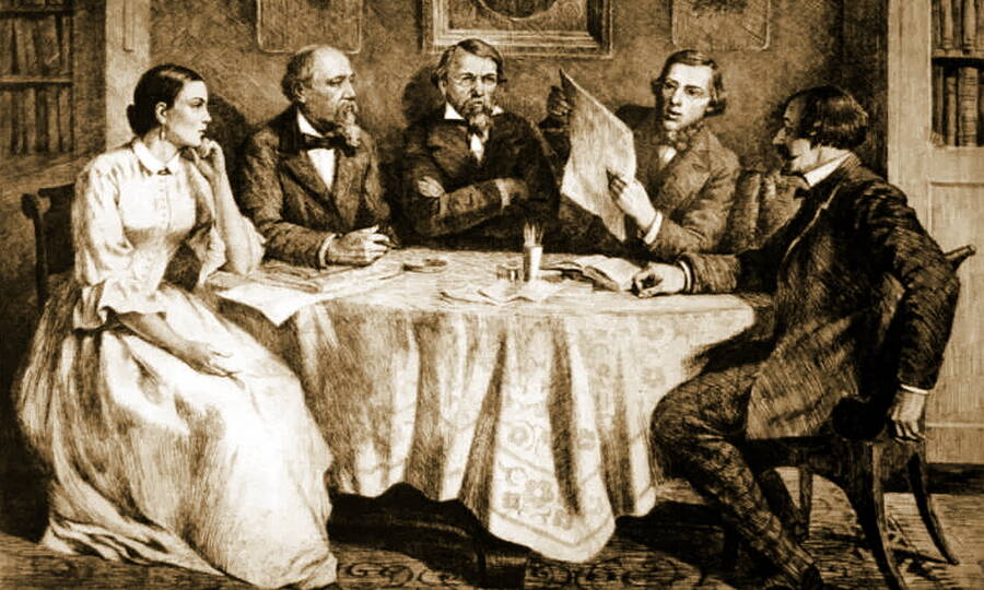 Редакция журнала «Современник». Слева направо: А.Я. Панаева, Н.А. Некрасов, Н.Г. Чернышевский, Н.А. Добролюбов, И.И. Панаев. Художник О.А. Дмитриев, 1946 год. 