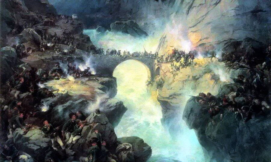 «Переход Суворова через Чёртов мост». Художник А.Е. Коцебу, 1857 год.