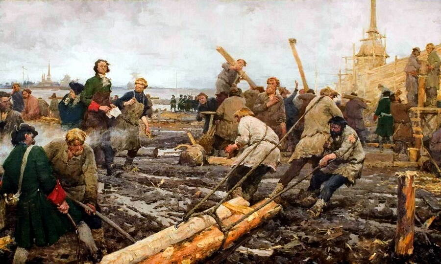  Пётр I на строительстве Санкт-Петербурга. Художник Г.А. Песис, 1953 год.