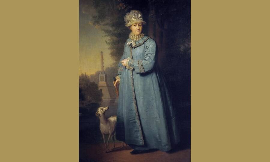 «Екатерина II на прогулке в Царскосельском парке» (на фоне Чесменской колонны) (фрагмент). Художник В.Л. Боровиковский, 1794 год. 