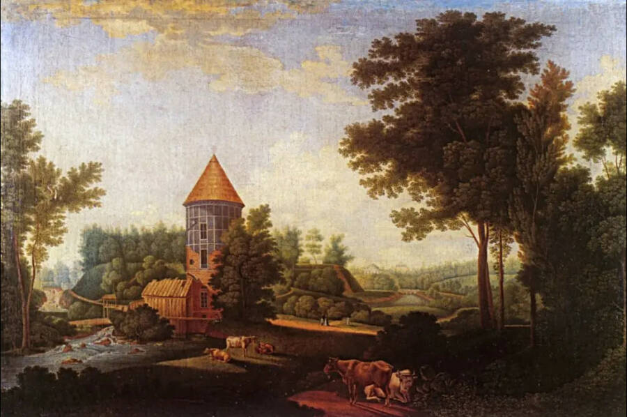 Картина Семёна Щедрина «Мельница и башня Пиль в Павловске». 1792 год. Самарский областной художественный музей.