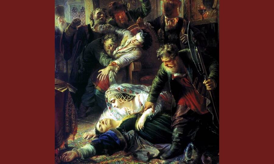 «Агенты Дмитрия Самозванца убивают сына Бориса Годунова» (фрагмент). Художник К.Е. Маковский, 1862 год. 