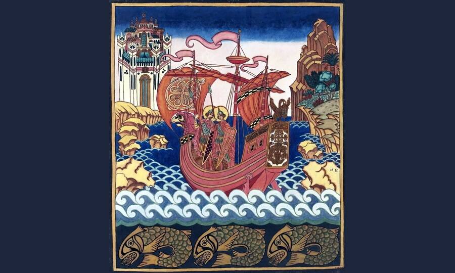 Эскиз панно «Святые Борис и Глеб на корабле». Художник И.Я. Билибин, 1922 год.