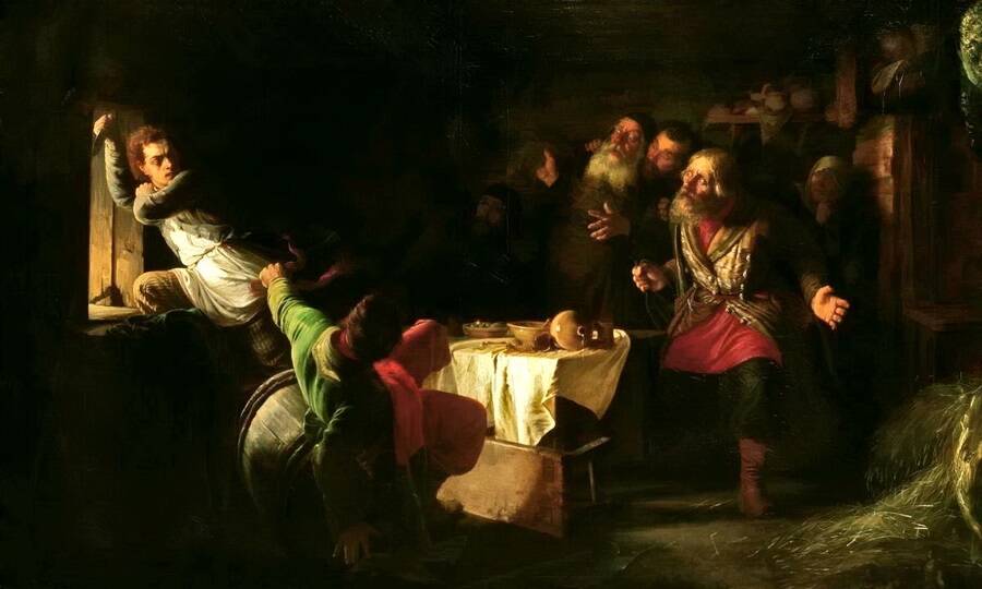 «Бегство Григория Отрепьева из корчмы на литовской границе» (фрагмент). Художник Г.Г. Мясоедов, 1862 год.