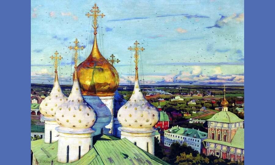 «Купола и ласточки. Успенский собор Троице-Сергиевой лавры». Художник К.Ф. Юон, 1921 год. 