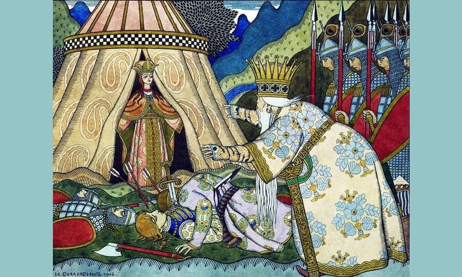 Иллюстрация к «Сказке о золотом петушке» А.С. Пушкина. Художник И.Я. Билибин, 1906 год. 