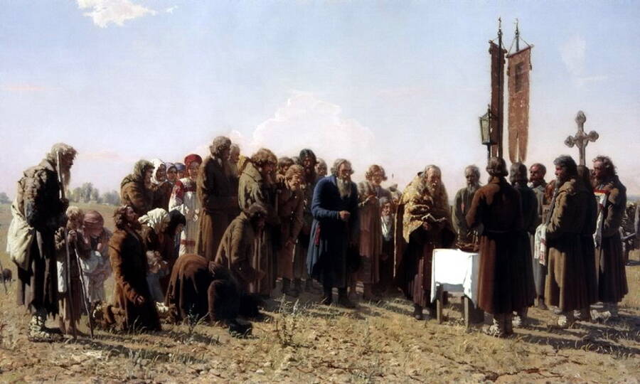 «Засуха» («Молебен во время засухи»; «Молебствие в поле о даровании дождя») (фрагмент). Художник Г.Г. Мясоедов, 1878 год.