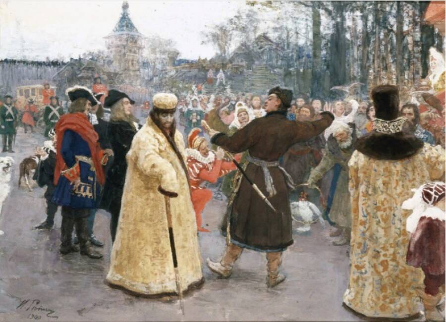И.Е. Репин «Приезд царей Иоанна и Петра Алексеевичей на Семеновский Потешный двор гор. Москвы и зачисление молодых сокольников в потешные» © Государственный Русский музей