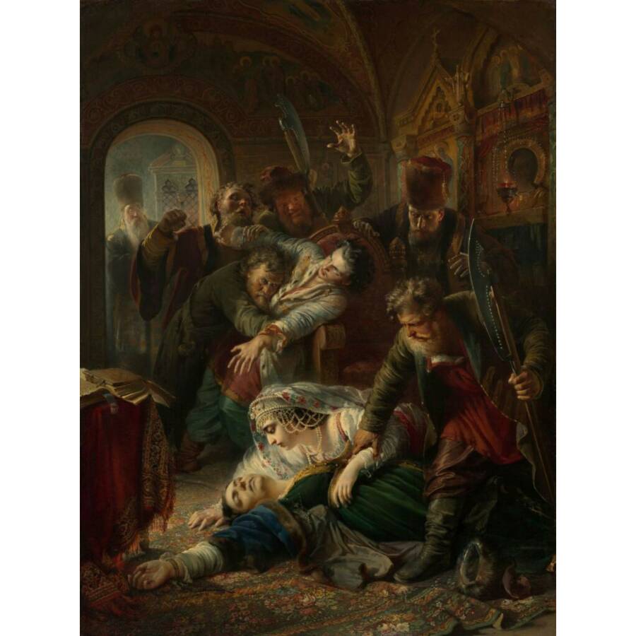 К.Е. Маковский «Агенты Дмитрия Самозванца убивают сына Бориса Годунова», 1862 год. Из собрания Третьяковской галереи