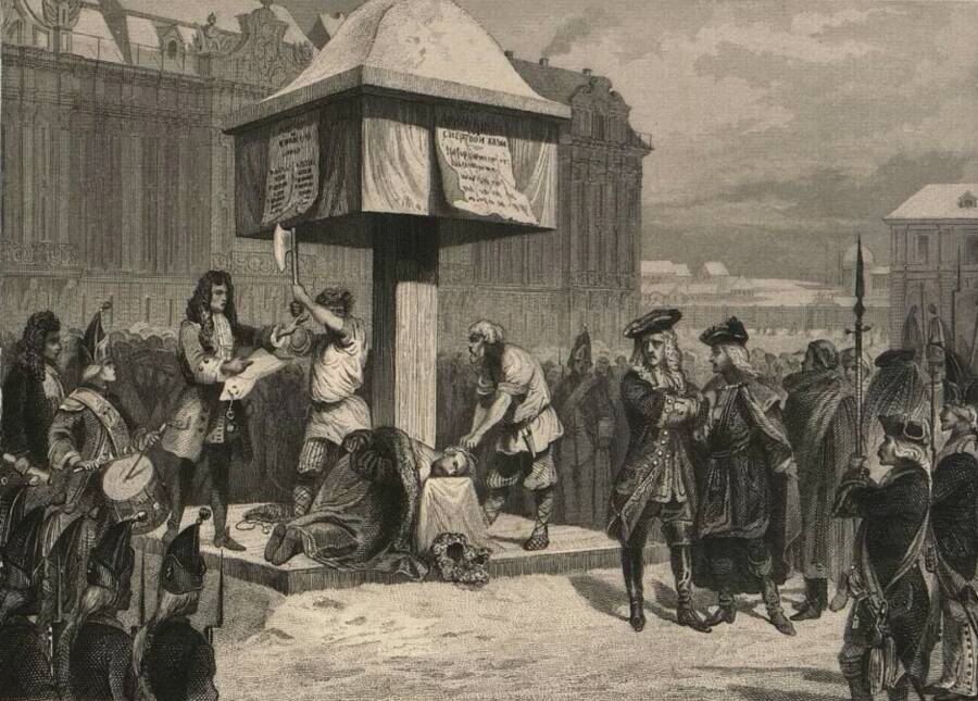 Граф Остерман на эшафоте. (29-го января 1742 г.) Репродукция. тип Ф.А. Брокгауза в Лейпциге, изд. В.Е. Генкеля в СПб. Кон. XIX - нач. XX вв. Государственный Исторический Музей