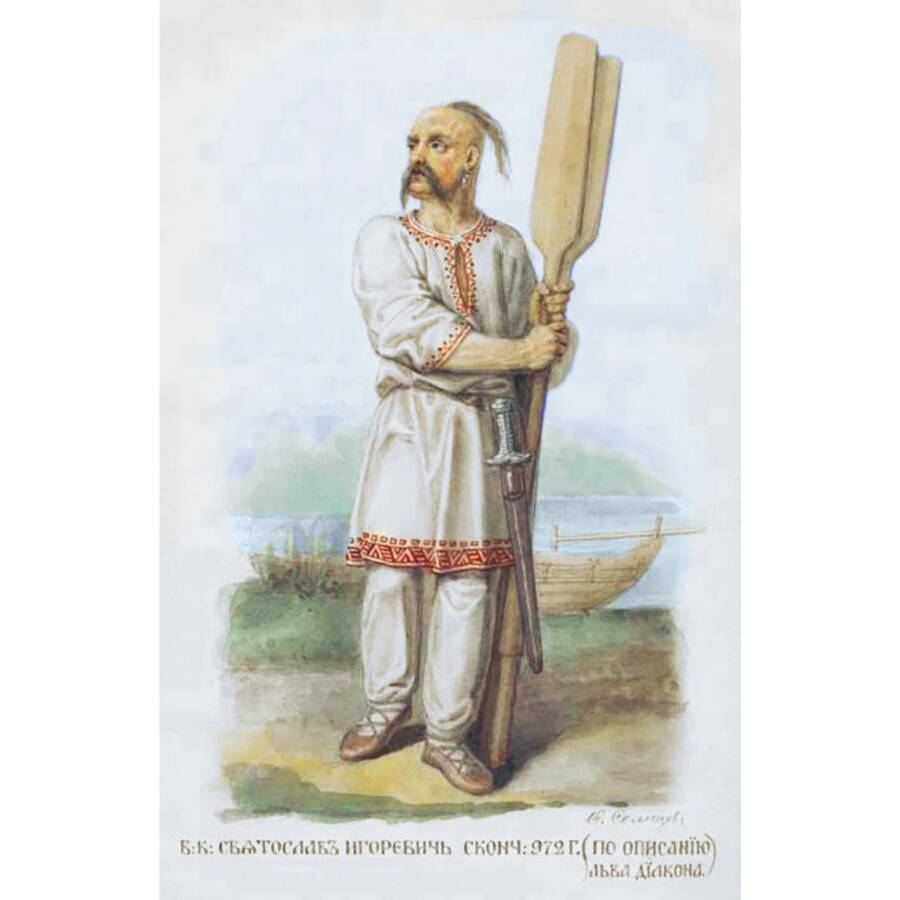 Ф.Г. Солнцев. Святослав Игоревич (по описанию Льва Диакона), 1869 год.  Альбом «Одежды Русского государства».