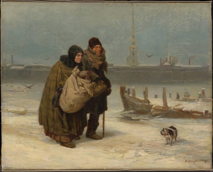 В.М. Васнецов «С квартиры на квартиру», 1876 год. Из собрания Третьяковской галереи. Работа, характерная для раннего периода творчества живописца. 
