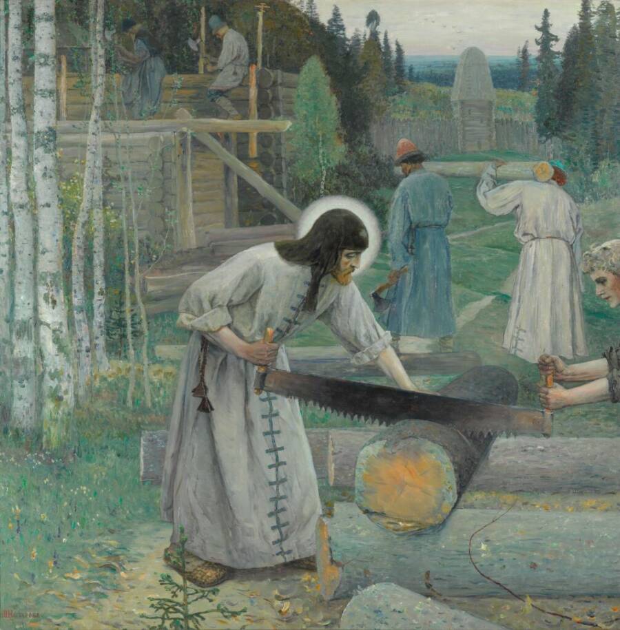 Н.В. Нестеров «Труды преподобного Сергия. Триптих. Средняя часть», 1896-1897 гг. Из собрания Третьяковской галереи