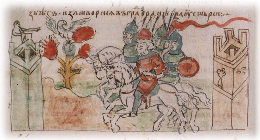 Отъезд Ярополка из Киева в город Родню. Радзивилловская летопись, XV в. (CC BY-SA 4.0)