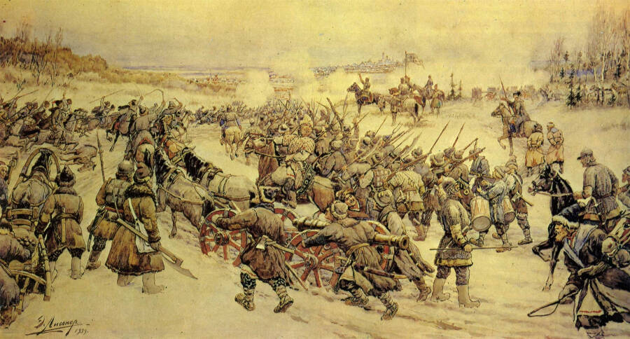Э.Э. Лисснер «Начало боя войска Ивана Болотникова с царскими войсками у деревни Нижние Котлы под Москвой»