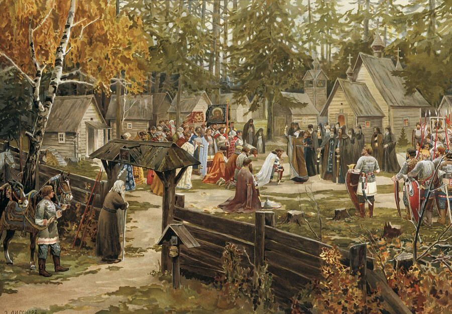 Э.Э. Лисснер «Сергий Радонежский благословляет Дмитрия Донского перед Куликовской битвой», 1907 год