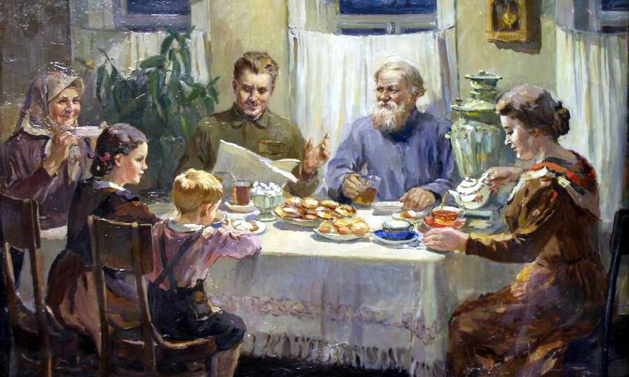 «За обедом». Художник В.С. Баюскин, 1950 год.