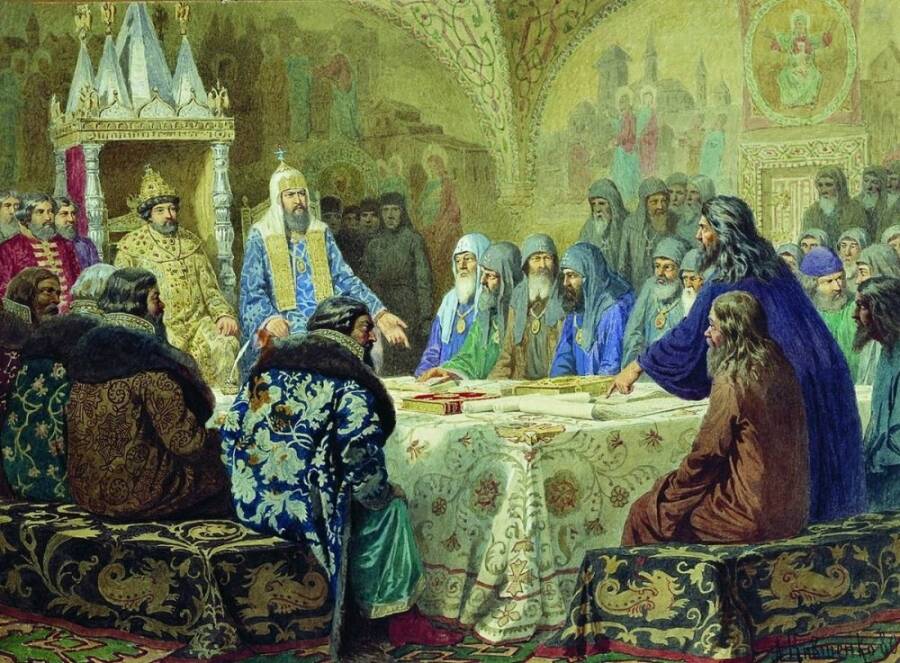 А.Д. Кившенко «Патриарх Никон предлагает новые богослужебные книги», 1880 год.