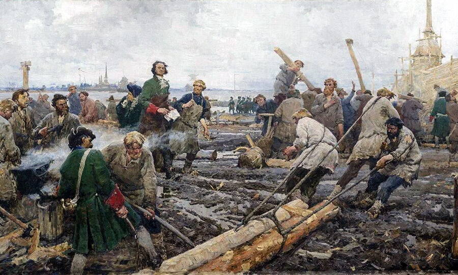 «Пётр I на строительстве Санкт-Петербурга». Художник Г.А. Песис, 1958 год.