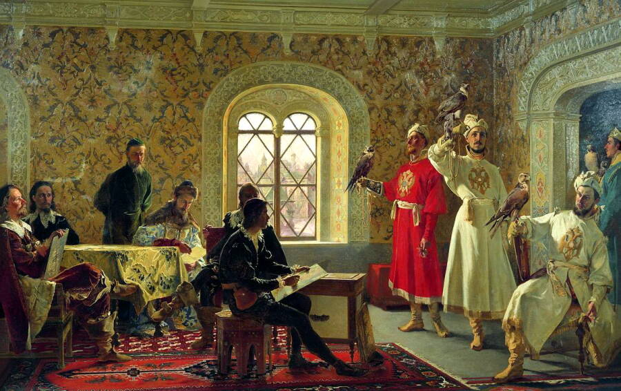 А.Д. Литовченко «Итальянский посланник Кальвуччи зарисовывает любимых соколов царя Алексея Михайловича», 1889 год. Харьковский художественный музей