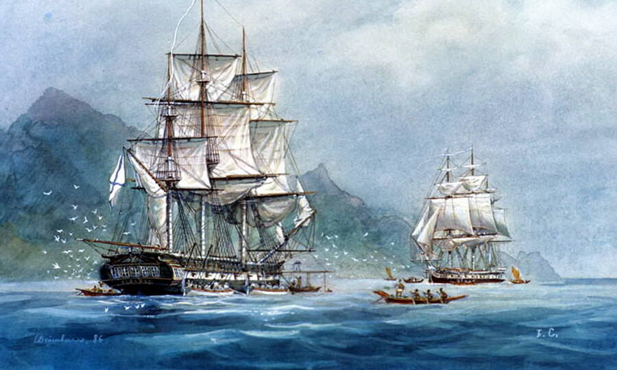 В ходе первого русского кругосветного плавания 1803–1806 гг. шлюпы «Нева» и «Надежда» дважды огибали африканское побережье. 
