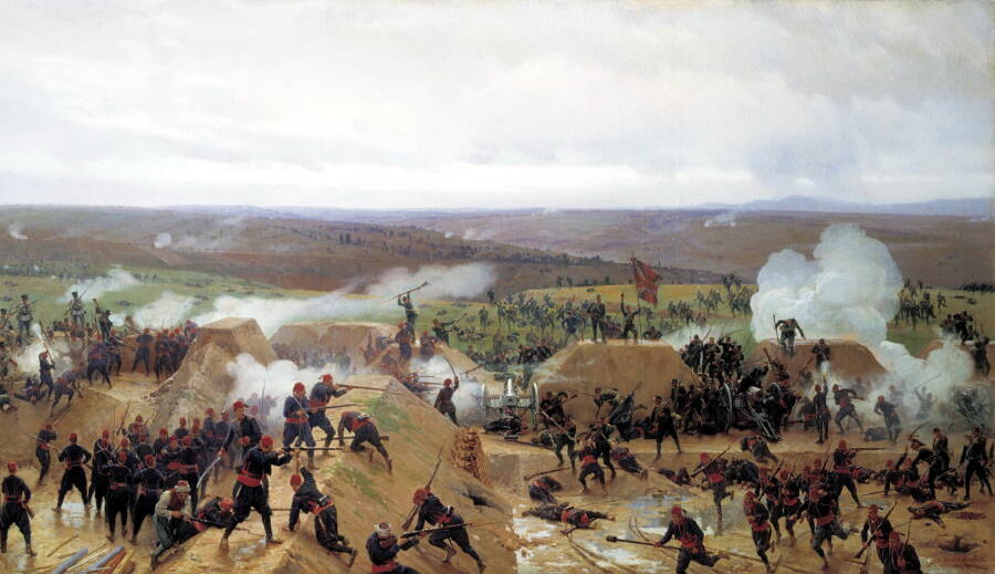 Н.Д. Дмитриев-Оренбургский «Захват Гривицкого редута под Плевной», 1885 год. Коллекция Военно-исторического музея артиллерии, инженерных войск и войск связи, Санкт-Петербург.