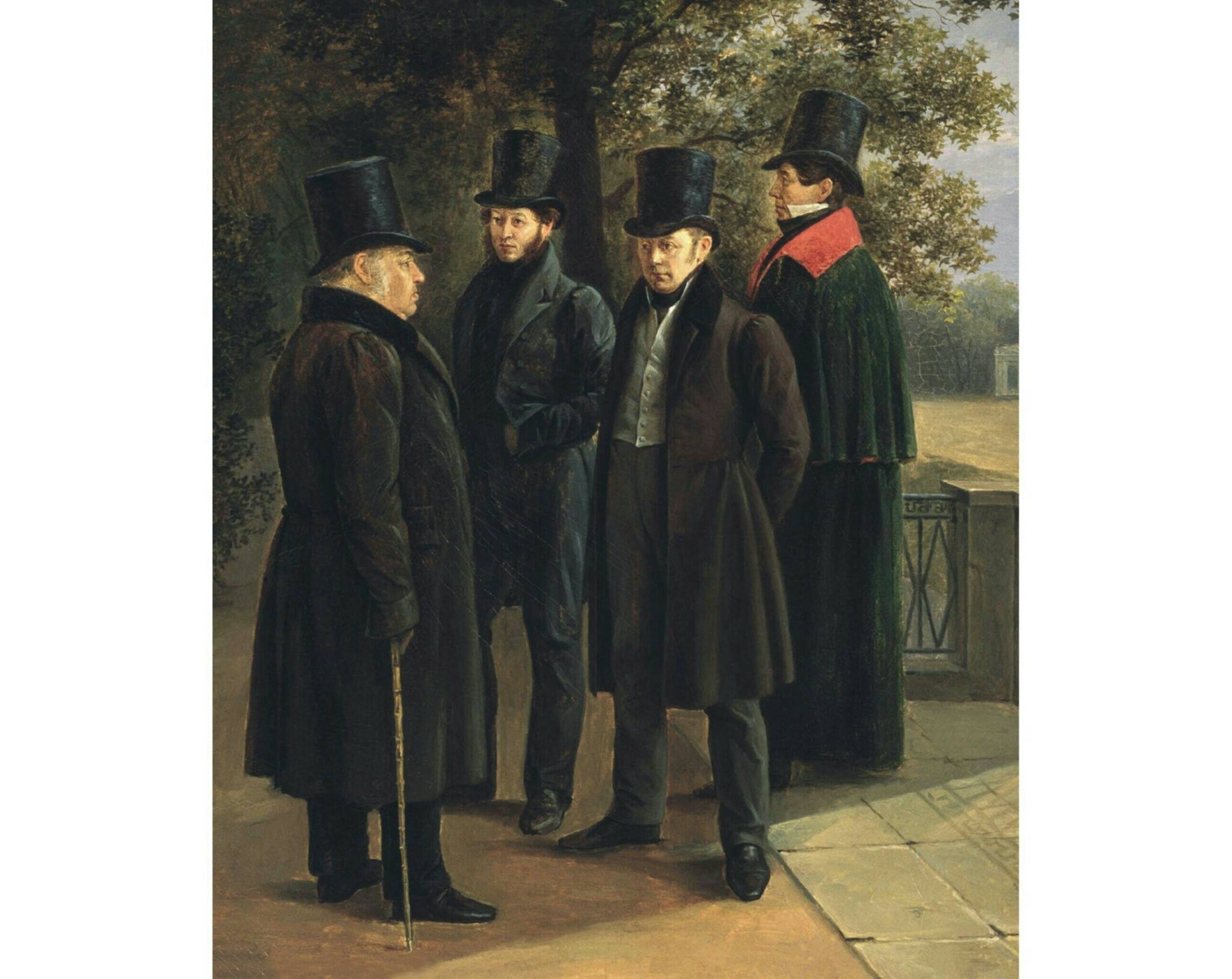 Г.Г. Чернецов «Крылов, Пушкин, Жуковский и Гнедич в Летнем саду», 1832 год. Всероссийский музей А.С. Пушкина, Санкт-Петербург.
