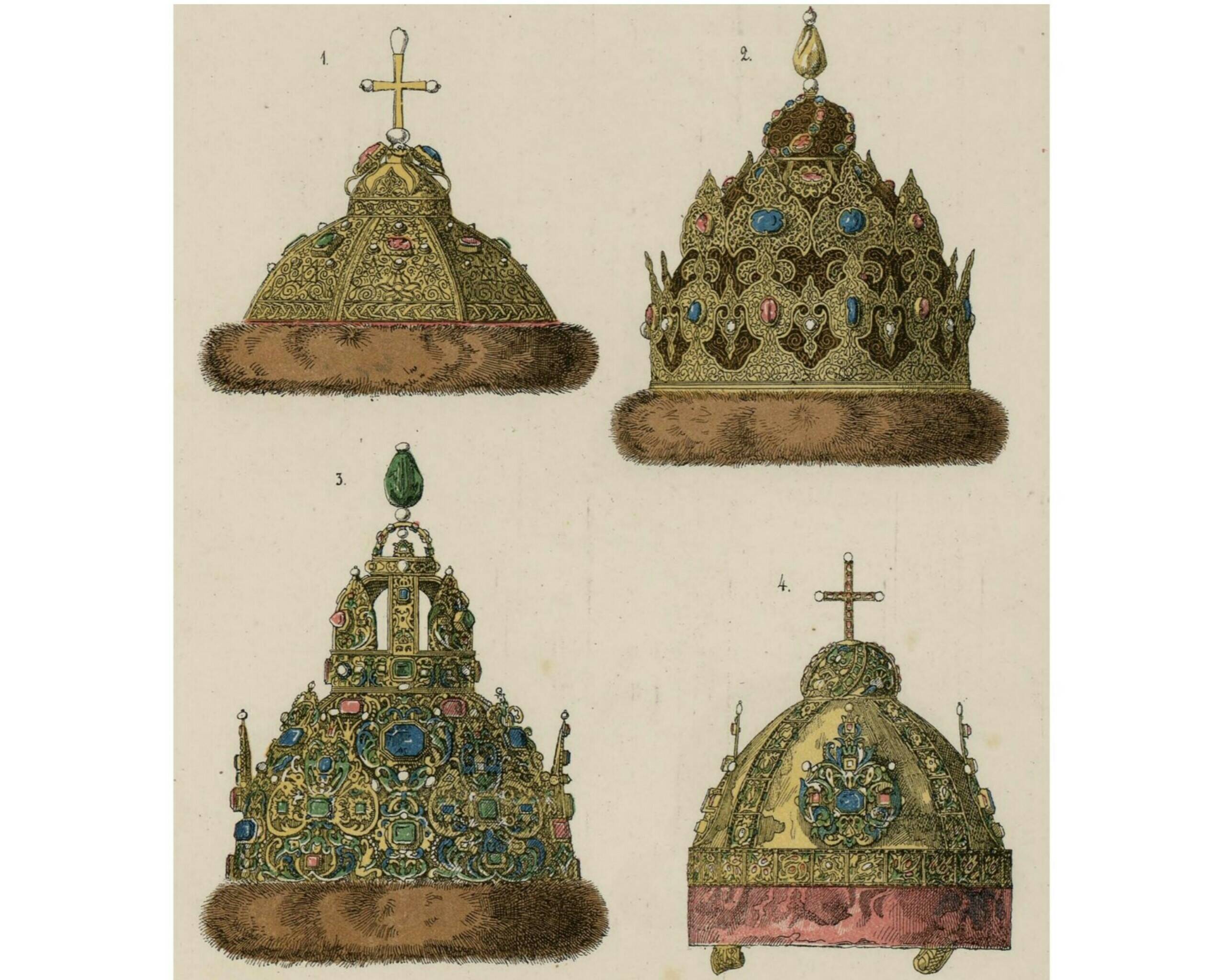 Шапка Мономахова, шапка Царства Казанского, шапка Астраханская, шапка Алтабасная (сибирская).