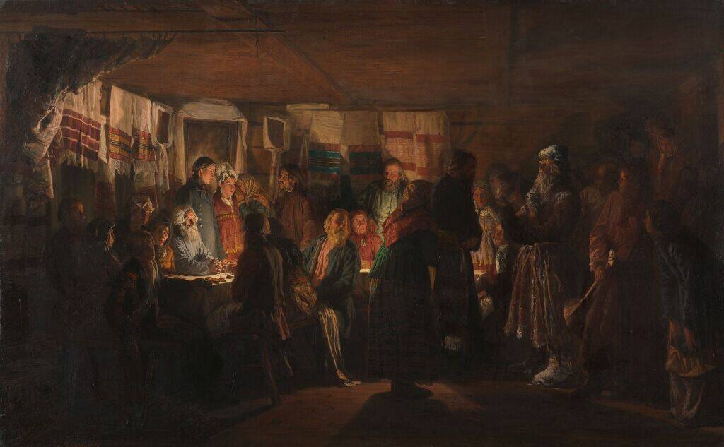 В.М. Максимов «Приход колдуна на крестьянскую свадьбу», 1875 год. Из собрания Третьяковской галереи.