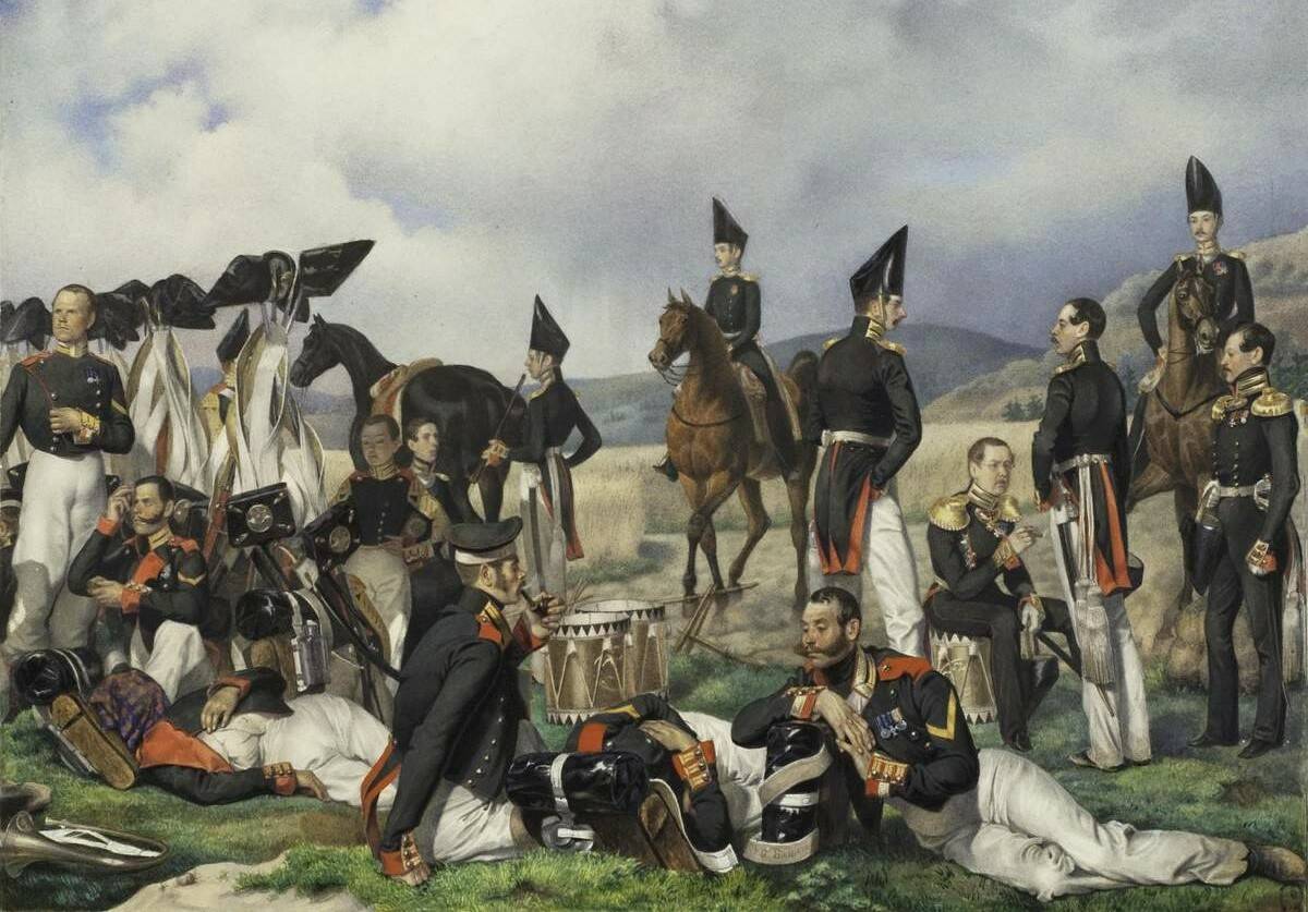 «Бивуак лейб-гвардии Павловского полка - отдых на походе» (фрагмент), 1842–1843 гг. @ Государственный Русский музей