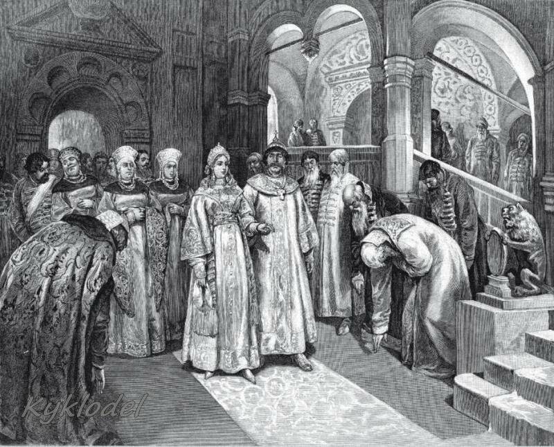 Рисунок Клавдия Лебедева «Василий III, великий князь Московский, вводит во дворец невесту свою, Елену Глинскую». До 1916 года.