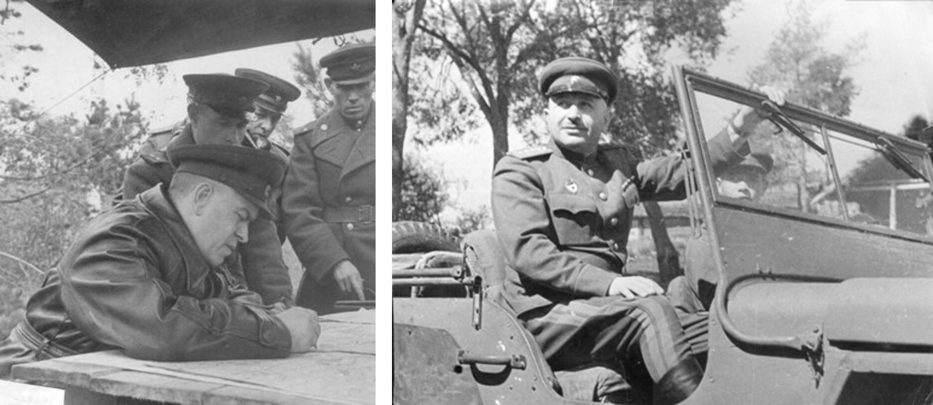 1. Представитель Ставки ВГК  заместитель Верховного Главнокомандующего Г.К. Жуков в штабе 15-й армии. Белоруссия, 1944 год 2. Командующий войсками 1-го Прибалтийского фронта генерал армии И.Х. Баграмян
