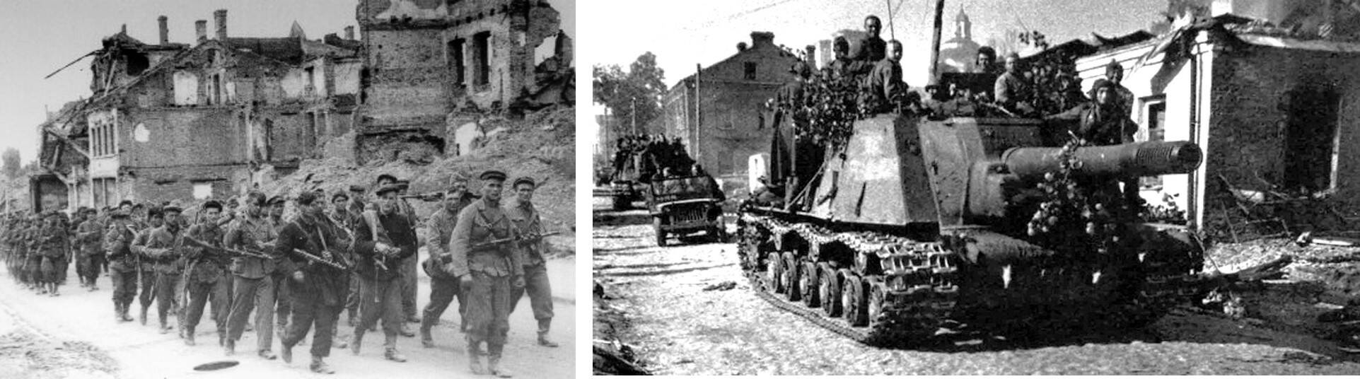 1. Партизаны Минского соединения входят в освобожденный Минск. Июль 1944 года 2. Бронетехника 333-го гвардейского тяже­лого самоходно-ар­тиллерийского полка. На улице освобож­денного  Полоцка. 1-й Прибалтийский фронт,  4 июля 1944 года