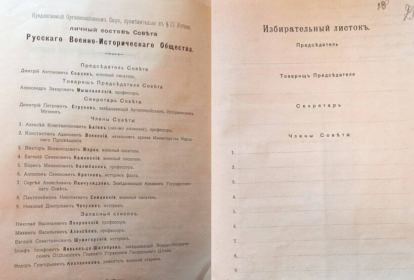 Список предлагаемых в состав Совета и образец Избирательного листка. Из архива ВИМАИВиВС