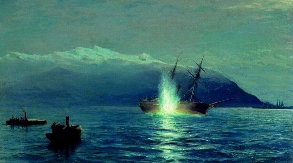 Русские катера «Чесма» и «Синоп» потопили турецкий сторожевой пароход «Интибах»