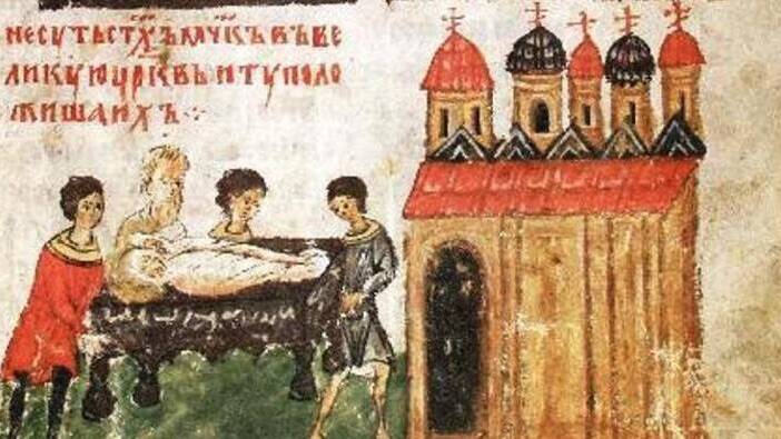 Перенос Мономахом мощей Бориса и Глеба в новый каменный храм под Киевом