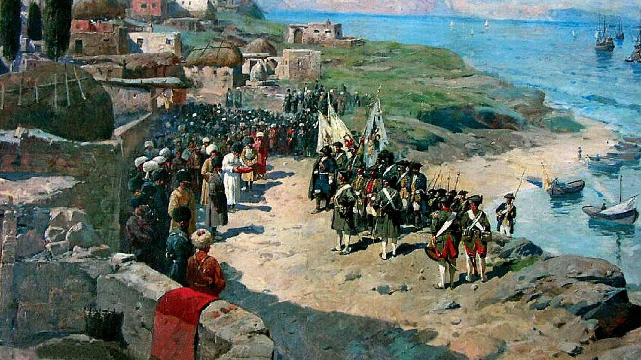 Русские войска и моряки Каспийской флотилии под командованием Петра I и генерал-адмирала Апраксина нанесли поражение утемишскому султану и без боя вступили в Дербент