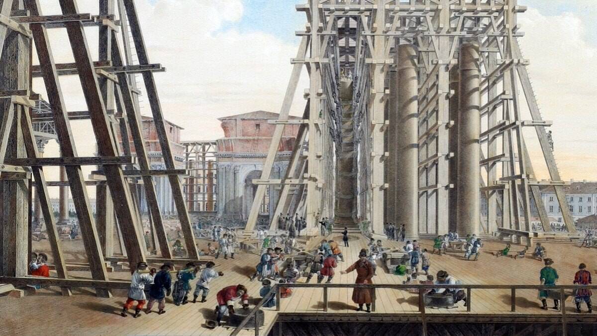 В присутствии царской семьи торжественно установлена первая колонна Исаакиевского собора