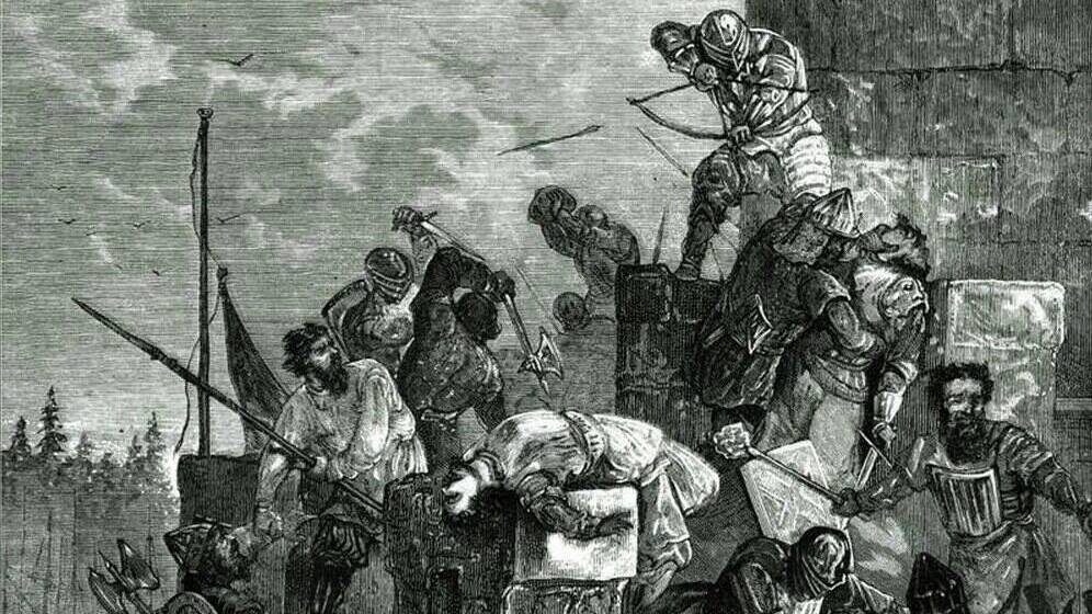 Штурм новгородцами во главе с великим князем Андреем Александровичем новой шведской крепости Ландскрона при впадении реки Охты в Неву